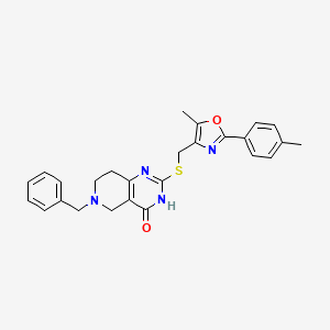 molecular formula C26H26N4O2S B2725551 6-benzyl-2-(((5-methyl-2-(p-tolyl)oxazol-4-yl)methyl)thio)-5,6,7,8-tetrahydropyrido[4,3-d]pyrimidin-4(3H)-one CAS No. 1112399-25-3