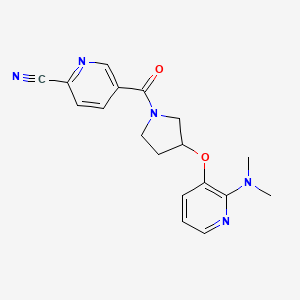 molecular formula C18H19N5O2 B2725581 5-[3-[2-(Dimethylamino)pyridin-3-yl]oxypyrrolidine-1-carbonyl]pyridine-2-carbonitrile CAS No. 2224017-62-1