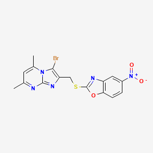 molecular formula C16H12BrN5O3S B2725621 2-(((3-Bromo-5,7-dimethylimidazo[1,2-a]pyrimidin-2-yl)methyl)thio)-5-nitrobenzo[d]oxazole CAS No. 328017-22-7