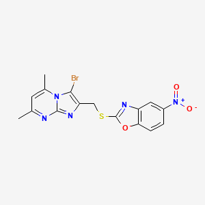 molecular formula C16H12BrN5O3S B2725621 2-(((3-溴-5,7-二甲基咪唑并[1,2-a]嘧啶-2-基)甲基)硫基)-5-硝基苯并[d]噁唑 CAS No. 328017-22-7