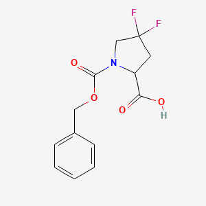 molecular formula C13H13F2NO4 B2725656 4,4-Difluoro-1-phenylmethoxycarbonylpyrrolidine-2-carboxylic acid CAS No. 1922779-60-9