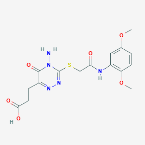 molecular formula C16H19N5O6S B2725722 3-(4-Amino-3-((2-((2,5-dimethoxyphenyl)amino)-2-oxoethyl)thio)-5-oxo-4,5-dihydro-1,2,4-triazin-6-yl)propanoic acid CAS No. 886954-56-9