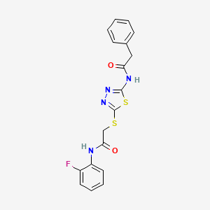 molecular formula C18H15FN4O2S2 B2725778 N-(2-fluorophenyl)-2-((5-(2-phenylacetamido)-1,3,4-thiadiazol-2-yl)thio)acetamide CAS No. 392298-04-3