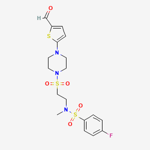 molecular formula C18H22FN3O5S3 B2725861 4-fluoro-N-[2-[4-(5-formylthiophen-2-yl)piperazin-1-yl]sulfonylethyl]-N-methylbenzenesulfonamide CAS No. 1223514-46-2