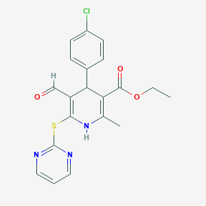 molecular formula C20H18ClN3O3S B2725878 Ethyl 4-(4-chlorophenyl)-5-formyl-2-methyl-6-(2-pyrimidinylsulfanyl)-1,4-dihydro-3-pyridinecarboxylate CAS No. 478261-85-7