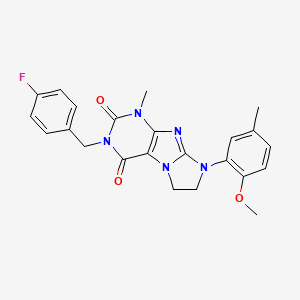 molecular formula C23H22FN5O3 B2725880 2-[(4-Fluorophenyl)methyl]-6-(2-methoxy-5-methylphenyl)-4-methyl-7,8-dihydropurino[7,8-a]imidazole-1,3-dione CAS No. 887696-96-0