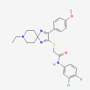 molecular formula C24H26ClFN4O2S B2725901 N-(3-chloro-4-fluorophenyl)-2-((8-ethyl-3-(4-methoxyphenyl)-1,4,8-triazaspiro[4.5]deca-1,3-dien-2-yl)thio)acetamide CAS No. 1189681-76-2