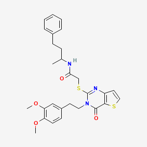 molecular formula C28H31N3O4S2 B2725984 2-({3-[2-(3,4-dimethoxyphenyl)ethyl]-4-oxo-3,4-dihydrothieno[3,2-d]pyrimidin-2-yl}sulfanyl)-N-(4-phenylbutan-2-yl)acetamide CAS No. 894243-09-5