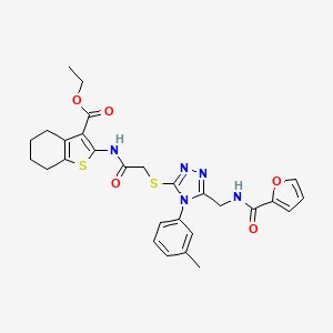 molecular formula C28H29N5O5S2 B2725995 ethyl 2-(2-((5-((furan-2-carboxamido)methyl)-4-(m-tolyl)-4H-1,2,4-triazol-3-yl)thio)acetamido)-4,5,6,7-tetrahydrobenzo[b]thiophene-3-carboxylate CAS No. 393806-50-3