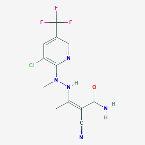 molecular formula C12H11ClF3N5O B2726064 3-{2-[3-氯-5-(三氟甲基)-2-吡啶基]-2-甲基肼基}-2-氰-2-丁烯酰胺 CAS No. 303153-04-0