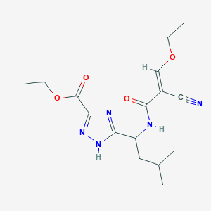 molecular formula C16H23N5O4 B2726091 Ethyl 5-[1-[[(E)-2-cyano-3-ethoxyprop-2-enoyl]amino]-3-methylbutyl]-1H-1,2,4-triazole-3-carboxylate CAS No. 2094962-62-4