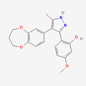 molecular formula C20H20N2O4 B2726121 2-[4-(3,4-二氢-2H-1,5-苯并二氧杂环[3.2.1]丁二氧杂环[3.2.1]丁-7-基)-5-甲基-1H-吡唑-3-基]-5-甲氧基苯酚 CAS No. 342608-69-9