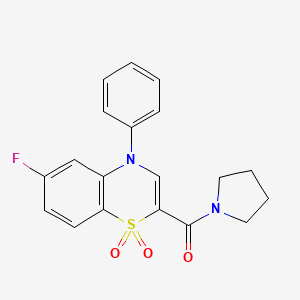 molecular formula C19H17FN2O3S B2726148 (6-fluoro-1,1-dioxido-4-phenyl-4H-benzo[b][1,4]thiazin-2-yl)(pyrrolidin-1-yl)methanone CAS No. 1251616-82-6