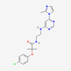 molecular formula C20H23ClN6O2 B2726170 2-(4-chlorophenoxy)-2-methyl-N-(2-((6-(2-methyl-1H-imidazol-1-yl)pyrimidin-4-yl)amino)ethyl)propanamide CAS No. 1207004-04-3