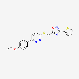 molecular formula C19H16N4O2S2 B2726213 3-(4-Ethoxyphenyl)-6-({[3-(2-thienyl)-1,2,4-oxadiazol-5-yl]methyl}thio)pyridazine CAS No. 1115285-44-3