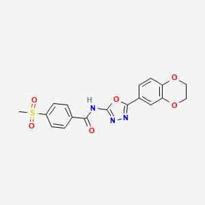 molecular formula C18H15N3O6S B2726313 N-[5-(2,3-dihydro-1,4-benzodioxin-6-yl)-1,3,4-oxadiazol-2-yl]-4-methylsulfonylbenzamide CAS No. 896356-66-4