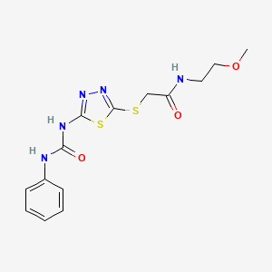 molecular formula C14H17N5O3S2 B2726322 N-(2-甲氧基乙基)-2-[[5-(苯基甲酰氨基)-1,3,4-噻二唑-2-基]硫代基]乙酰胺 CAS No. 898462-75-4