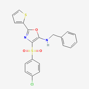 molecular formula C20H15ClN2O3S2 B2726329 N-benzyl-4-(4-chlorophenyl)sulfonyl-2-thiophen-2-yl-1,3-oxazol-5-amine CAS No. 627834-70-2