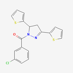 molecular formula C18H13ClN2OS2 B2726342 (3-Chlorophenyl)-(3,5-dithiophen-2-yl-3,4-dihydropyrazol-2-yl)methanone CAS No. 865615-94-7