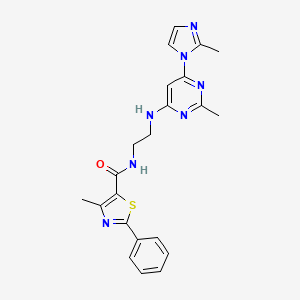 molecular formula C22H23N7OS B2726370 4-methyl-N-(2-((2-methyl-6-(2-methyl-1H-imidazol-1-yl)pyrimidin-4-yl)amino)ethyl)-2-phenylthiazole-5-carboxamide CAS No. 1171809-35-0