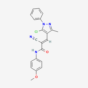 molecular formula C21H17ClN4O2 B2726420 (E)-3-(5-chloro-3-methyl-1-phenylpyrazol-4-yl)-2-cyano-N-(4-methoxyphenyl)prop-2-enamide CAS No. 303199-33-9