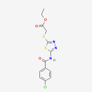 molecular formula C13H12ClN3O3S2 B2726421 Ethyl 2-((5-(4-chlorobenzamido)-1,3,4-thiadiazol-2-yl)thio)acetate CAS No. 392318-07-9