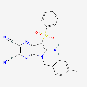 molecular formula C22H16N6O2S B2726453 6-Amino-7-(benzenesulfonyl)-5-[(4-methylphenyl)methyl]pyrrolo[2,3-b]pyrazine-2,3-dicarbonitrile CAS No. 691396-50-6
