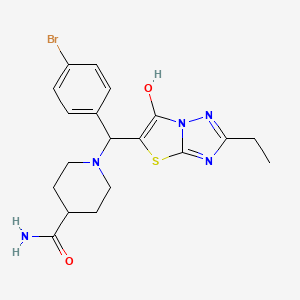 molecular formula C19H22BrN5O2S B2726473 1-((4-Bromophenyl)(2-ethyl-6-hydroxythiazolo[3,2-b][1,2,4]triazol-5-yl)methyl)piperidine-4-carboxamide CAS No. 898345-40-9