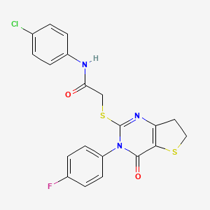 molecular formula C20H15ClFN3O2S2 B2726507 N-(4-chlorophenyl)-2-[[3-(4-fluorophenyl)-4-oxo-6,7-dihydrothieno[3,2-d]pyrimidin-2-yl]sulfanyl]acetamide CAS No. 687562-68-1