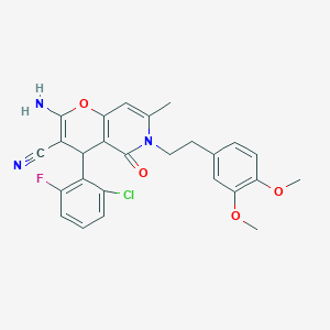molecular formula C26H23ClFN3O4 B2726518 2-amino-4-(2-chloro-6-fluorophenyl)-6-(3,4-dimethoxyphenethyl)-7-methyl-5-oxo-5,6-dihydro-4H-pyrano[3,2-c]pyridine-3-carbonitrile CAS No. 758703-82-1