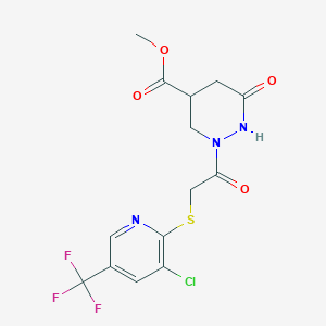 molecular formula C14H13ClF3N3O4S B2726612 Methyl2-(2-((3-chloro-5-(trifluoromethyl)-2-pyridinyl)sulfanyl)acetyl)-6-oxohexahydro-4-pyridazinecarboxylate CAS No. 251307-23-0