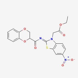 molecular formula C20H17N3O7S B2726654 (Z)-ethyl 2-(2-((2,3-dihydrobenzo[b][1,4]dioxine-2-carbonyl)imino)-6-nitrobenzo[d]thiazol-3(2H)-yl)acetate CAS No. 865247-30-9