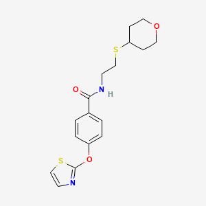 molecular formula C17H20N2O3S2 B2726672 N-(2-((tetrahydro-2H-pyran-4-yl)thio)ethyl)-4-(thiazol-2-yloxy)benzamide CAS No. 1903863-29-5