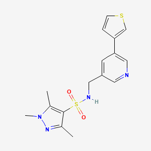 molecular formula C16H18N4O2S2 B2726746 1,3,5-三甲基-N-((5-(噻吩-3-基)吡啶-3-基)甲基)-1H-吡唑-4-磺酰胺 CAS No. 1705067-21-5