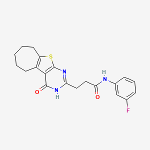 molecular formula C20H20FN3O2S B2726826 N-(3-fluorophenyl)-3-(4-oxo-3,5,6,7,8,9-hexahydro-4H-cyclohepta[4,5]thieno[2,3-d]pyrimidin-2-yl)propanamide CAS No. 950345-89-8