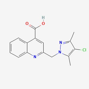 molecular formula C16H14ClN3O2 B2726897 2-[(4-chloro-3,5-dimethyl-1H-pyrazol-1-yl)methyl]quinoline-4-carboxylic acid CAS No. 956440-76-9