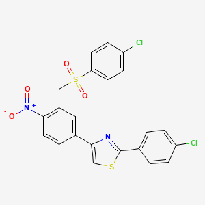 molecular formula C22H14Cl2N2O4S2 B2726917 2-(4-Chlorophenyl)-4-(3-(((4-chlorophenyl)sulfonyl)methyl)-4-nitrophenyl)-1,3-thiazole CAS No. 262439-68-9