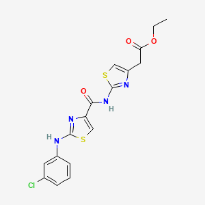 molecular formula C17H15ClN4O3S2 B2726957 乙酸2-(2-(2-((3-氯苯基)氨基)噻唑-4-羧酰胺)噻唑-4-基)醚 CAS No. 1203384-50-2