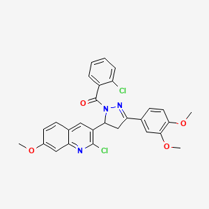 molecular formula C28H23Cl2N3O4 B2726958 2-chloro-3-[1-(2-chlorobenzoyl)-3-(3,4-dimethoxyphenyl)-4,5-dihydro-1H-pyrazol-5-yl]-7-methoxyquinoline CAS No. 442649-62-9