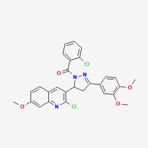 molecular formula C28H23Cl2N3O4 B2726958 2-氯-3-[1-(2-氯苯甲酰)-3-(3,4-二甲氧苯基)-4,5-二氢-1H-吡唑-5-基]-7-甲氧喹啉 CAS No. 442649-62-9