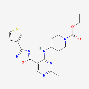 molecular formula C19H22N6O3S B2726964 乙酸4-((2-甲基-5-(3-(噻吩-3-基)-1,2,4-噁二唑-5-基)嘧啶-4-基)氨基)哌啶-1-甲酸酯 CAS No. 2034340-75-3