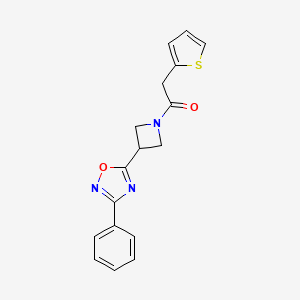 molecular formula C17H15N3O2S B2727010 1-(3-(3-Phenyl-1,2,4-oxadiazol-5-yl)azetidin-1-yl)-2-(thiophen-2-yl)ethanone CAS No. 1251634-73-7