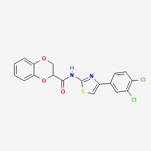 molecular formula C18H12Cl2N2O3S B2727021 N-(4-(3,4-dichlorophenyl)thiazol-2-yl)-2,3-dihydrobenzo[b][1,4]dioxine-2-carboxamide CAS No. 681168-66-1