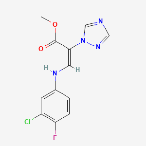 molecular formula C12H10ClFN4O2 B2727069 methyl (2E)-3-[(3-chloro-4-fluorophenyl)amino]-2-(1H-1,2,4-triazol-1-yl)prop-2-enoate CAS No. 383148-47-8