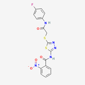 molecular formula C17H12FN5O4S2 B2727093 N-(5-((2-((4-fluorophenyl)amino)-2-oxoethyl)thio)-1,3,4-thiadiazol-2-yl)-2-nitrobenzamide CAS No. 392297-64-2