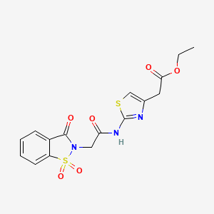 molecular formula C16H15N3O6S2 B2727133 ethyl 2-(2-(2-(1,1-dioxido-3-oxobenzo[d]isothiazol-2(3H)-yl)acetamido)thiazol-4-yl)acetate CAS No. 831187-84-9