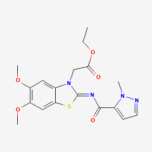 molecular formula C18H20N4O5S B2727138 (E)-乙酸乙酯 2-(5,6-二甲氧基-2-((1-甲基-1H-吡唑-5-甲酰)亚胺)苯并噻唑-3(2H)-基)乙酸酯 CAS No. 1173578-88-5