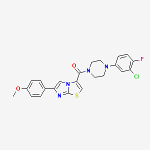 molecular formula C23H20ClFN4O2S B2727230 (4-(3-Chloro-4-fluorophenyl)piperazin-1-yl)(6-(4-methoxyphenyl)imidazo[2,1-b]thiazol-3-yl)methanone CAS No. 1021218-27-8