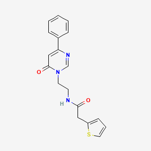 molecular formula C18H17N3O2S B2727255 N-(2-(6-oxo-4-phenylpyrimidin-1(6H)-yl)ethyl)-2-(thiophen-2-yl)acetamide CAS No. 1334371-42-4