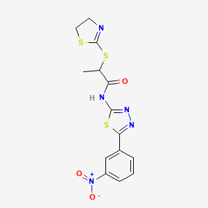 molecular formula C14H13N5O3S3 B2727321 2-(4,5-dihydro-1,3-thiazol-2-ylsulfanyl)-N-[5-(3-nitrophenyl)-1,3,4-thiadiazol-2-yl]propanamide CAS No. 394236-23-8